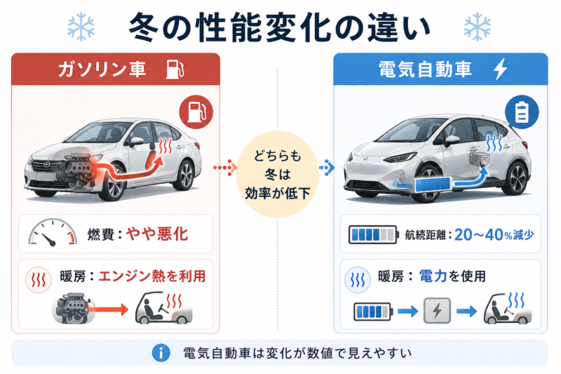 ガソリン車　電気自動車　冬の性能変化