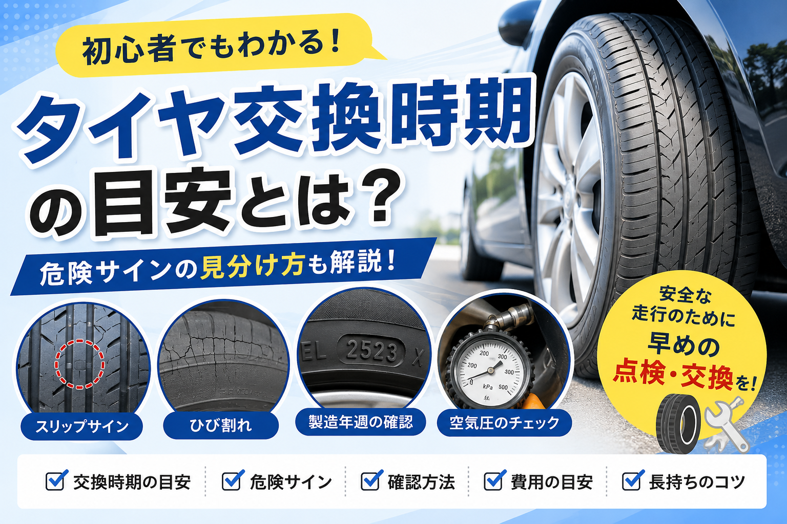 「タイヤ交換時期の目安を初心者向けに解説するアイキャッチ画像。スリップサイン、ひび割れ、製造年週、空気圧確認のポイントを表示」