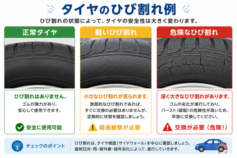 「タイヤのひび割れ例を比較した図。正常タイヤ、軽いひび割れ、危険なひび割れを解説」