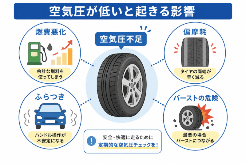 タイヤ空気圧不足による影響一覧図
