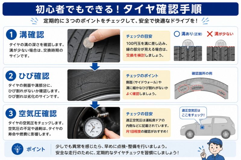 「初心者向けタイヤ確認手順の図。溝確認、ひび確認、空気圧確認の流れを解説」