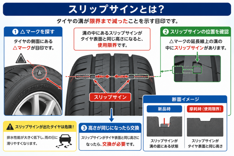 「タイヤのスリップサイン位置を解説する図。△マークとスリップサインの確認方法を表示」