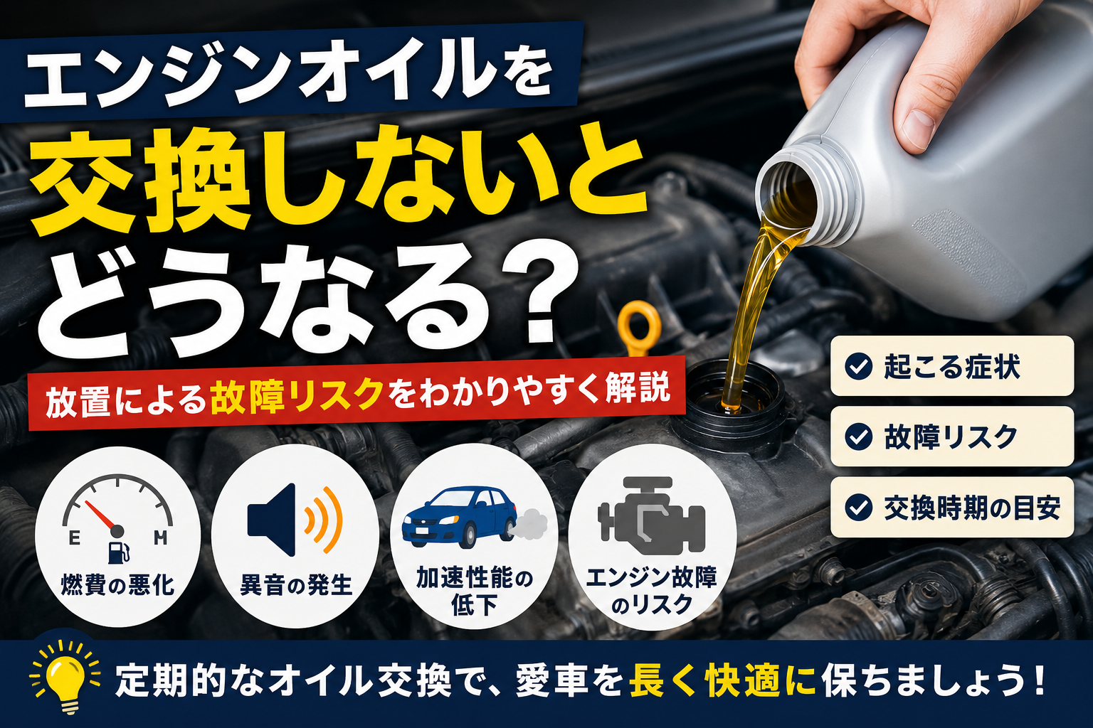 エンジンオイルを注ぐ様子とエンジンルームのイメージ。オイル交換をしない場合に起こる燃費悪化や故障リスクについて解説する記事のアイキャッチ画像。