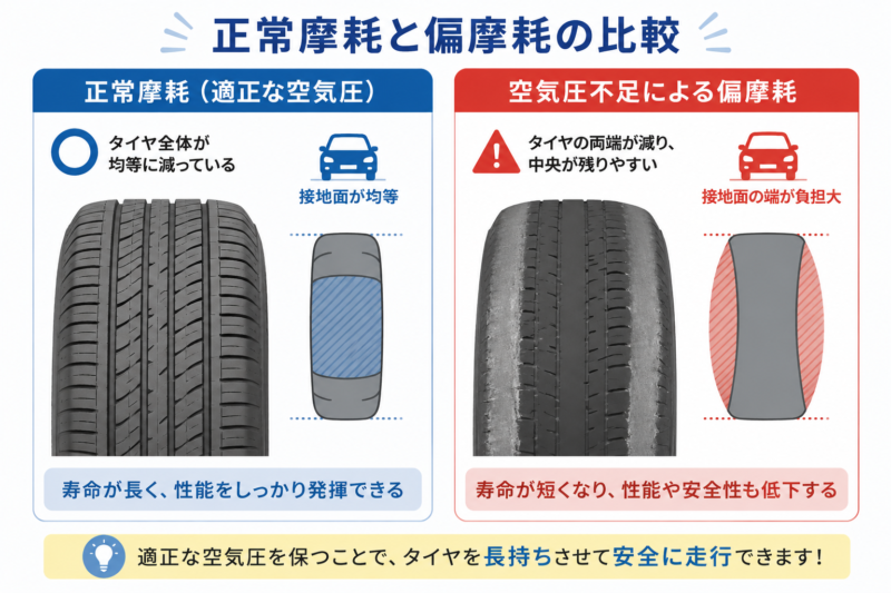 正常摩耗と空気圧不足による偏摩耗の比較図