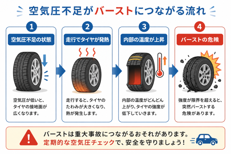 空気圧不足からバーストにつながる流れ図