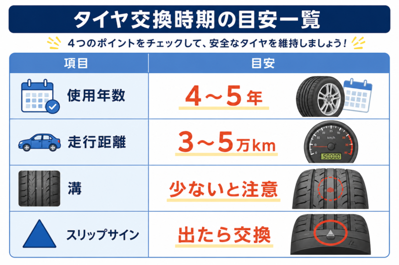 「タイヤ交換時期の目安一覧。使用年数、走行距離、溝、スリップサインの交換基準を解説」