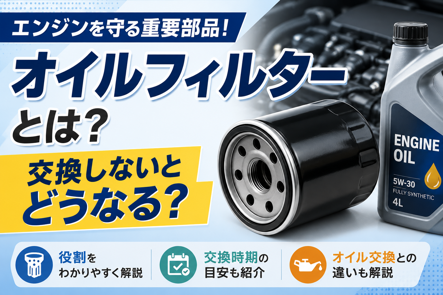 エンジンオイルフィルターの役割や交換時期、交換しない場合の影響を解説する記事のアイキャッチ画像。