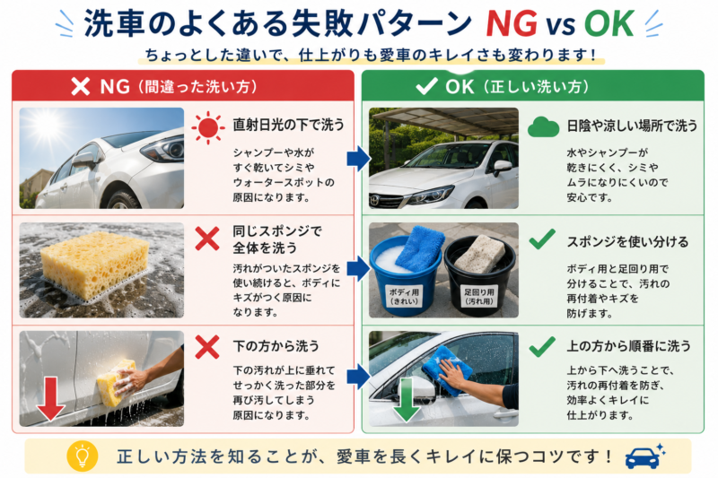 洗車のNG例(直射日光・スポンジ使い回し・下から洗う)とOK例を左右に並べた比較図