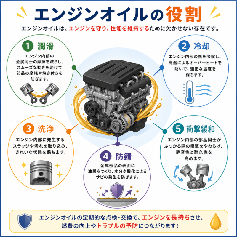 エンジンオイルの潤滑や冷却などの役割を解説した図解