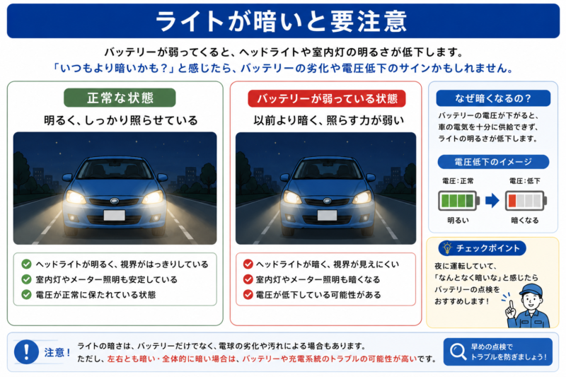 バッテリー低下によるヘッドライトの明るさの変化