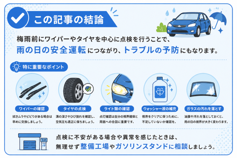 梅雨前に確認したい車の点検ポイントをまとめた結論ボックス