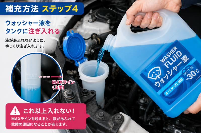 ウォッシャー液をタンクへ補充しMAXラインを確認している様子
