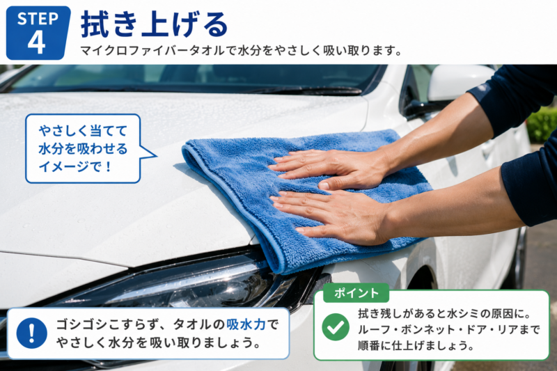 マイクロファイバータオルを車のボディに押し当てて水分を拭き取っている様子