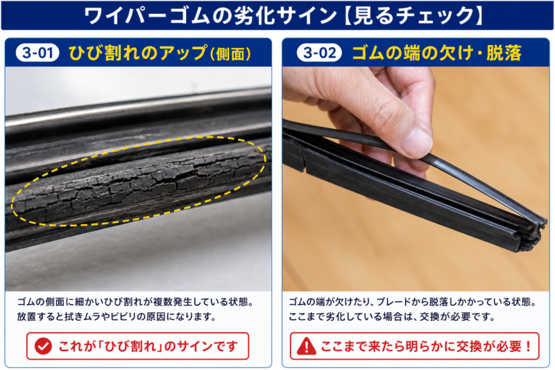 ワイパーゴムのひびが入っている様子。ワイパーゴムの端が欠けてブレードから脱落しかかっている状態。即交換が必要な劣化の最終段階
