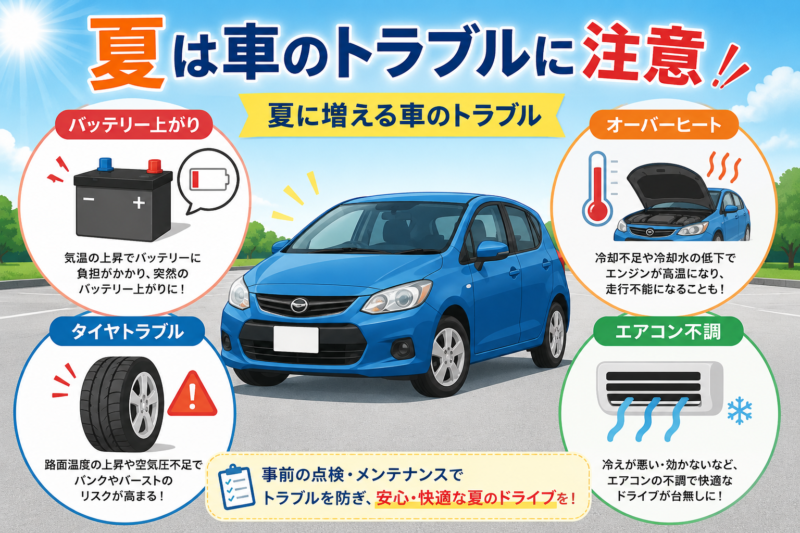 夏前に確認したい車の点検項目をまとめたイメージ