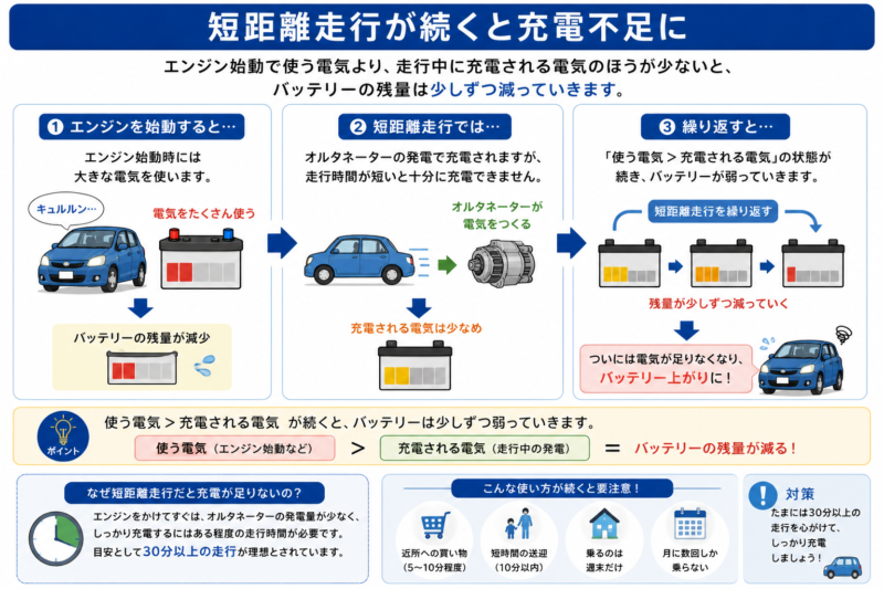短距離走行の繰り返しでバッテリーが充電不足になる仕組み
