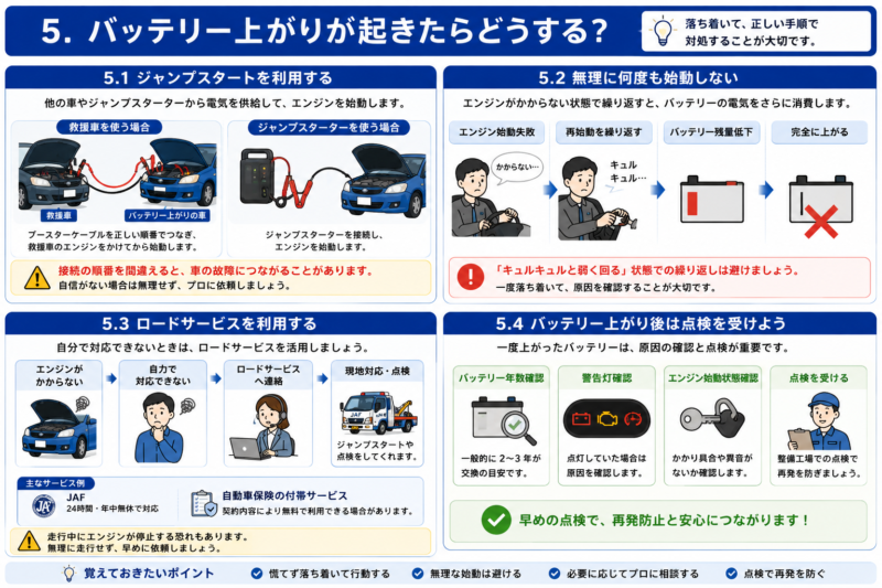 バッテリー上がり発生時の対処手順を示したフローチャート