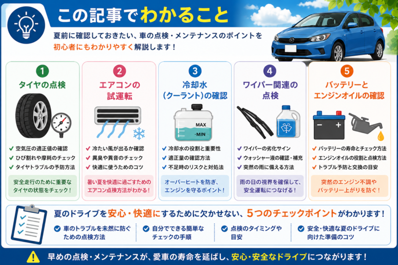 夏前の車の点検やメンテナンスでわかる内容をまとめた図解