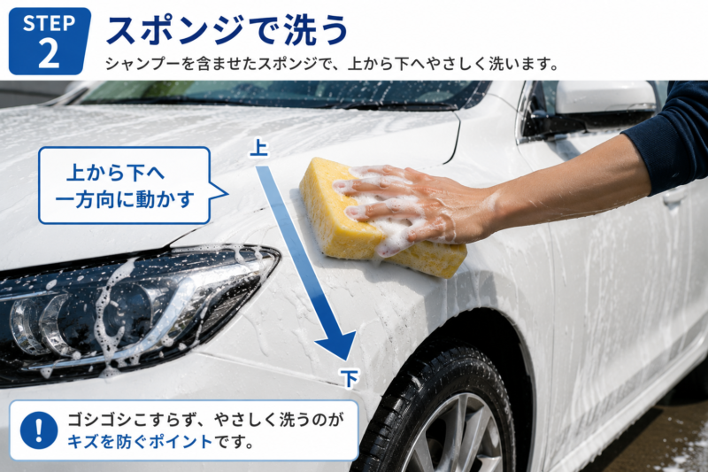 泡立てたスポンジで車のボディを上から下へやさしく洗っているところ
