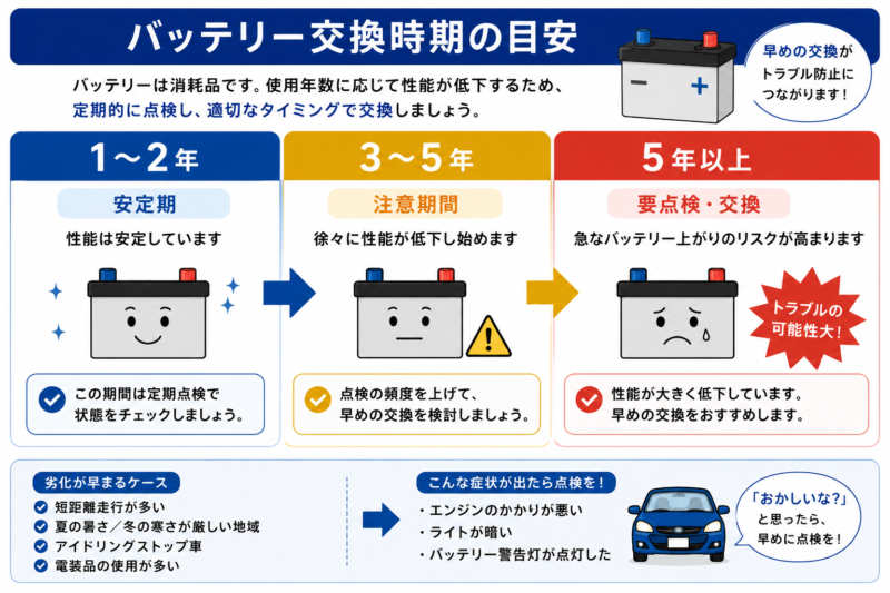 車のバッテリー交換時期の目安を示した図解