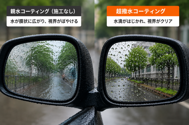 親水状態と超撥水コーティング施工後のサイドミラー比較