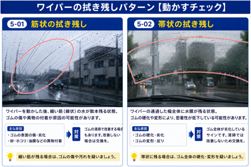 ワイパーの拭き取り不良によりフロントガラスに吹き残しが残る状態