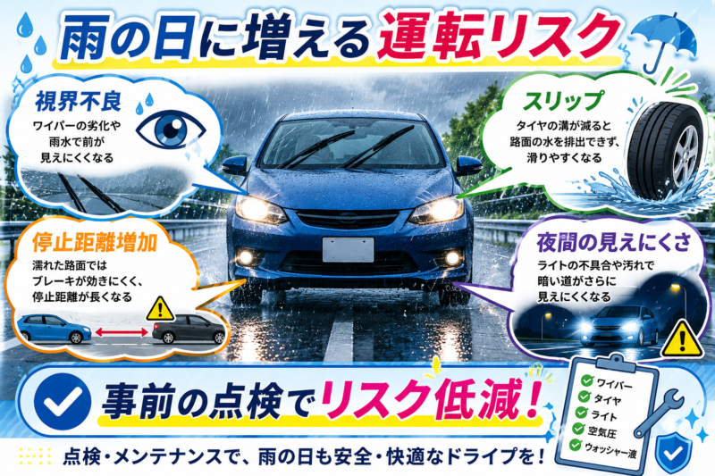 梅雨前に確認したい車の点検項目をまとめたイメージ