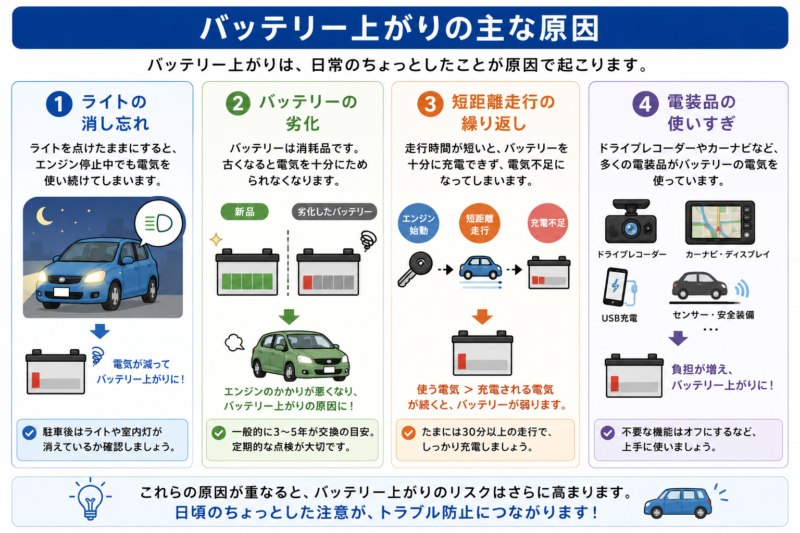 車のバッテリー上がりの主な原因をまとめた図解