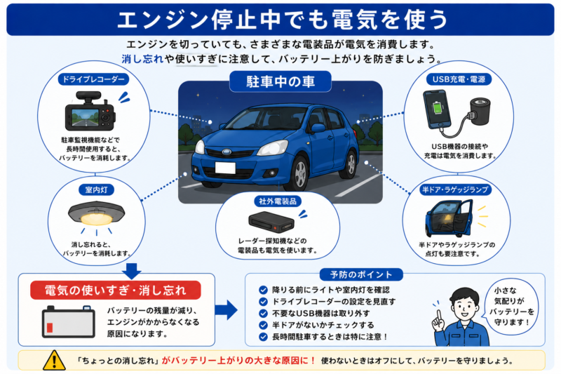 駐車中でも電装品がバッテリーを消費する様子を示した図解