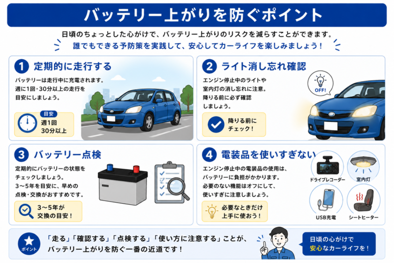 バッテリー上がりを防ぐための基本的な対策をまとめた図解
