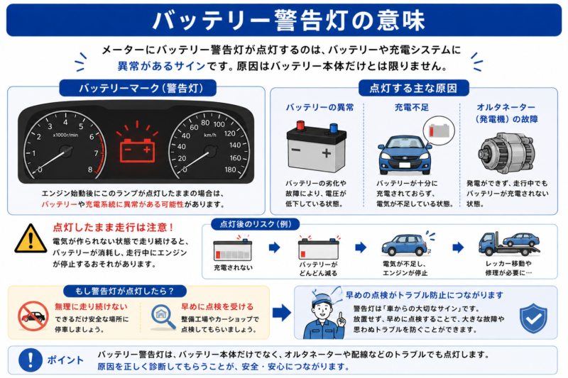車のバッテリー警告灯と発電異常の意味を解説した図解