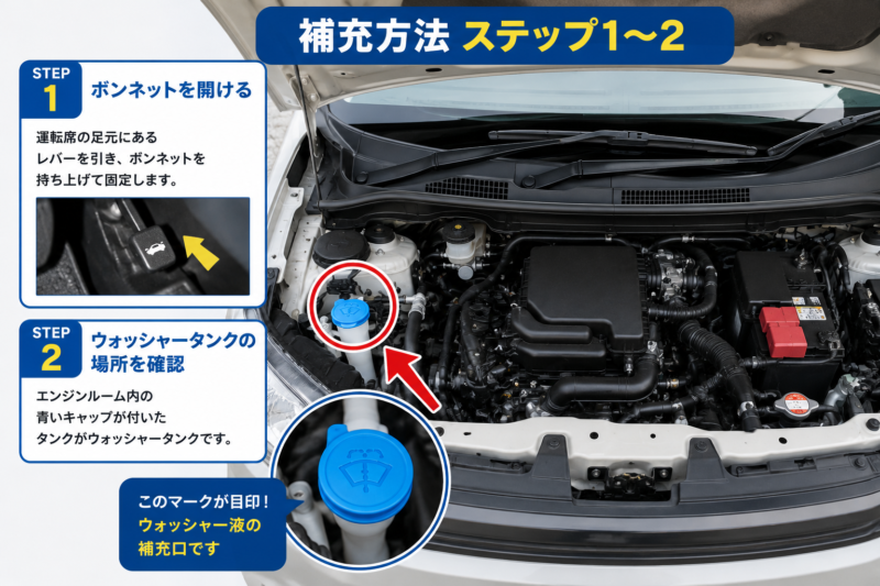 ボンネットを開けたエンジンルームとウォッシャータンクの位置