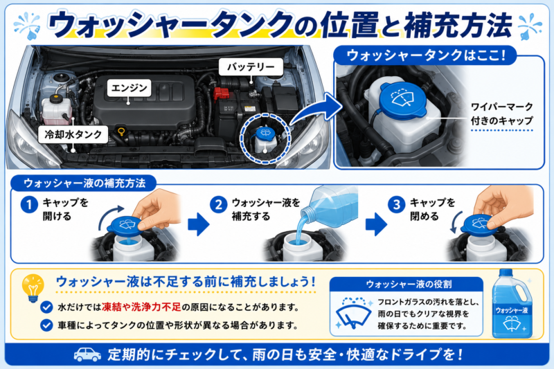 エンジンルーム内のウォッシャータンクの位置と補充方法を示した図解