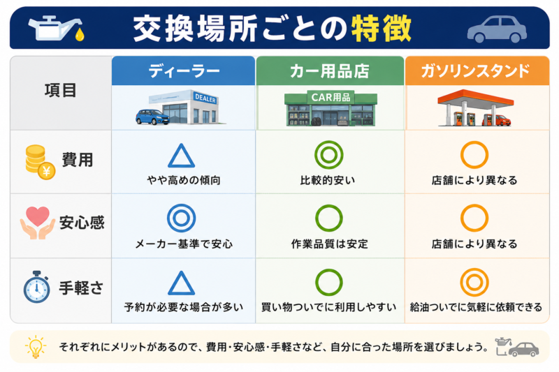 ディーラー、カー用品店、ガソリンスタンドの特徴を比較した図解。