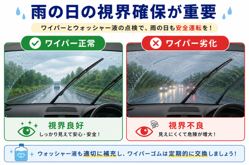 ワイパー正常時と劣化時の視界の違いを比較した図解