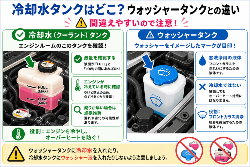 冷却水のリザーバータンクとウォッシャータンクの違いを比較した図解