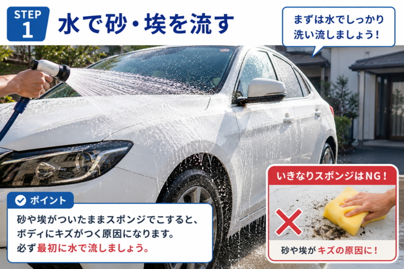 ホースで車全体に水をかけて砂や埃を洗い流している洗車の最初のステップ