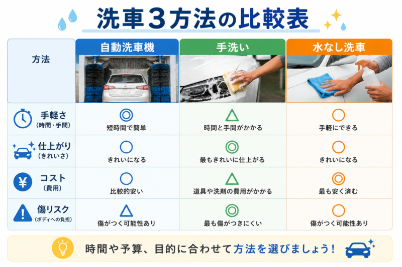 自動洗車機・手洗い・水なし洗車の3方法を手軽さ・仕上がり・コスト・傷リスクで比較した一覧表