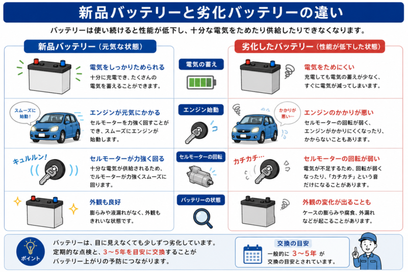 新品バッテリーと劣化したバッテリーの違いを比較した図解