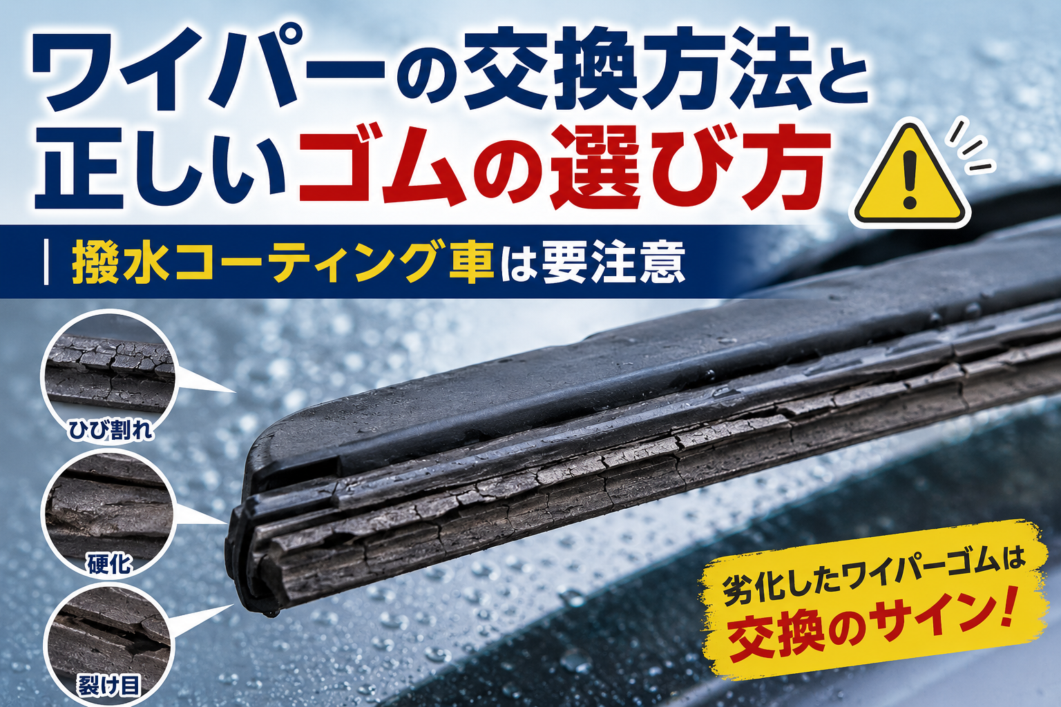 ひび割れ・硬化した劣化ワイパーゴムの接写。交換が必要な状態
