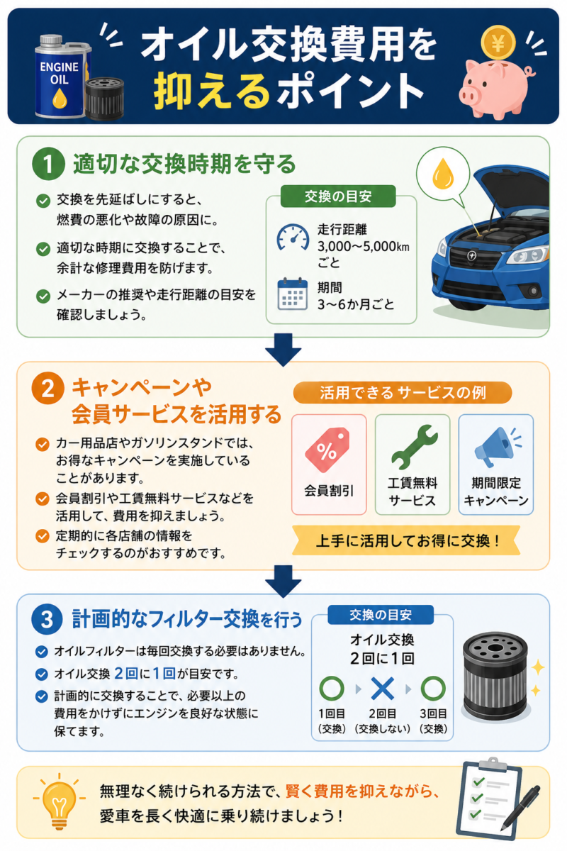 エンジンオイル交換費用を抑える方法をまとめた図解。適切な交換時期、キャンペーン活用、計画的なフィルター交換を紹介。