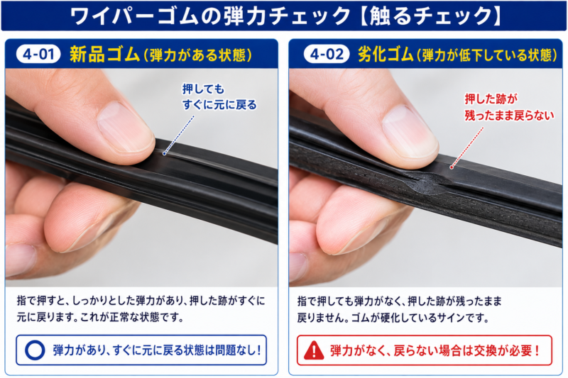 指でワイパーゴムの側面を軽く押して弾力を確認している触るチェックのシーン