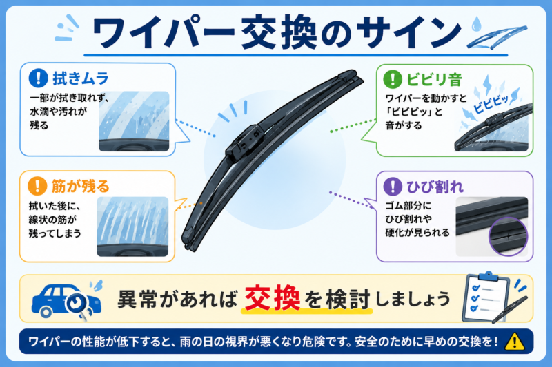 ワイパーの拭きムラやビビリ音など劣化サインを示した図解