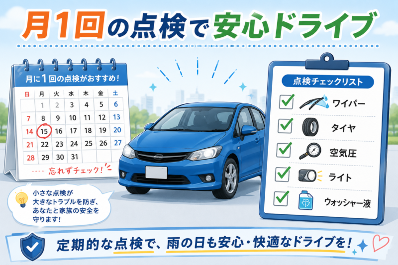 ワイパーやタイヤなど月1回の車の点検項目をまとめた図解